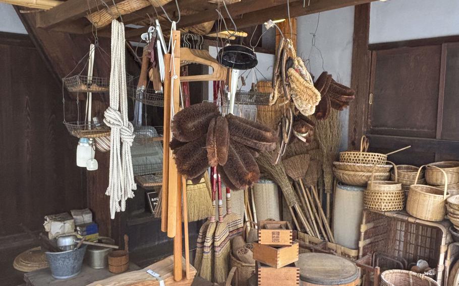 buckets, baskets, scrubbers, etc. household utensils from the Showa era displayed at Edo-Tokyo Open Air Architectural Museum.